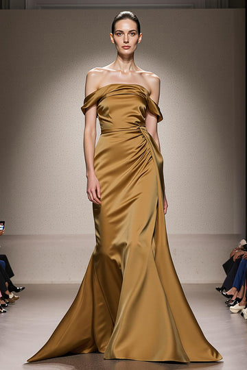 Żółta Syrenka Satyna Z Odkrytymi Ramionami Długa Sukienka Wizytowa